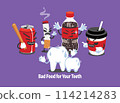 A cute character depicts the harm caused to teeth by foods harmful to teeth. 114214283