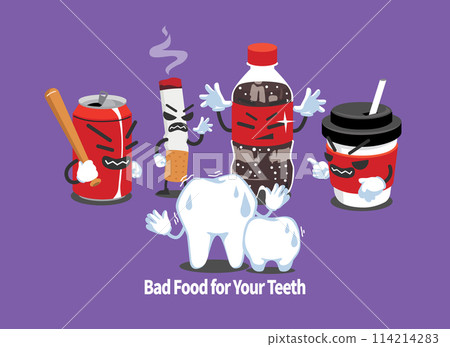 A cute character depicts the harm caused to teeth by foods harmful to teeth. 114214283