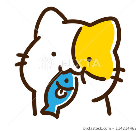 一隻可愛的貓咪角色嘴裡銜著一條魚的變形插圖 一隻可愛的貓咪角色嘴裡銜著一條魚的變形插圖 114214462