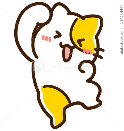 一個可愛的貓角色做歡快的拳頭泵的滑稽插圖。 一個可愛的貓角色做歡快的拳頭泵的滑稽插圖。 114214464