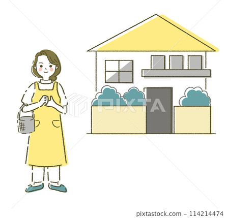 Visiting helper with a shopping cart and house People and building illustration set Visiting helper with a shopping cart and house People and building illustration set 114214474