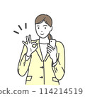 A smiling woman in a suit holding a smartphone and making an OK sign with her fingers. White background, white background, no background, simple 114214519