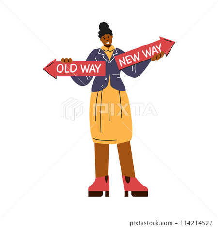 Businesswoman holding sign boards with old way and new way arrows vector illustration, change management, improvement 114214522