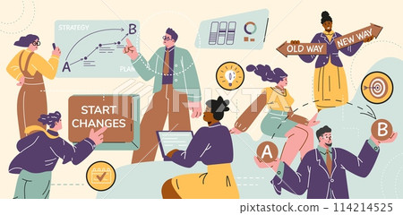 Business people project managers analysis and makes decisions vector flat illustration, change management, improvement Business people project managers analysis and makes decisions vector flat illustration, change management, improvement 114214525