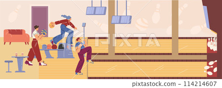 People playing bowling game vector flat illustration, throwing ball on lane into skittles, getting strike, fun activity People playing bowling game vector flat illustration, throwing ball on lane into skittles, getting strike, fun activity 114214607