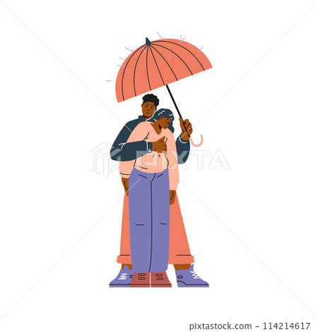 Couple of sad woman and man hugging to support each, standing under umbrella in rain flat vector, empathy and compassion Couple of sad woman and man hugging to support each, standing under umbrella in rain flat vector, empathy and compassion 114214617