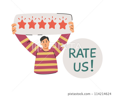 Vector of a man with a 5-star review placard and the inscription "Rate us!". 114214624