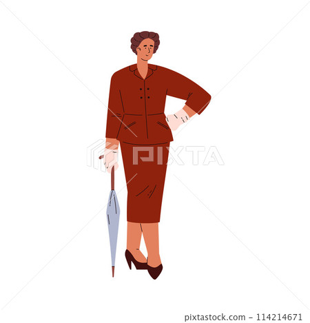Beautiful woman in retro elegant suit, white gloves umbrella, vector Baby Boomers generation character vintage fashion 114214671