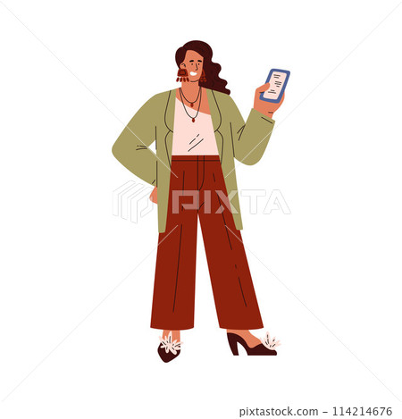 Woman standing and looking at the smartphone, check list, vector female using mobile gadget, smart technologies device 114214676