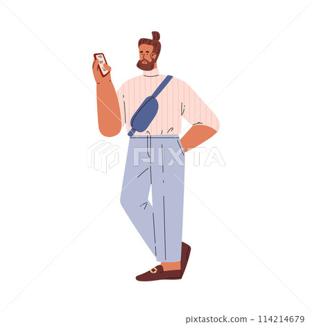 Young man standing and looking at smartphone, check list, vector female using mobile gadget, smart technologies device 114214679