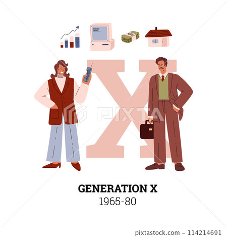 People Generation X 1965-80 social development vector information typographic poster, cartoon retro character and symbol 114214691