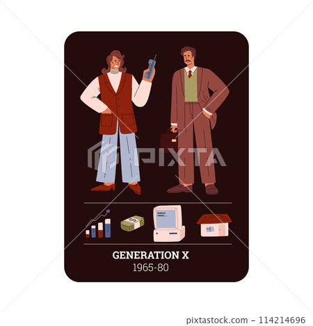 People Generation X 1965-80 social development vector information card design, retro man and woman character, symbols People Generation X 1965-80 social development vector information card design, retro man and woman character, symbols 114214696