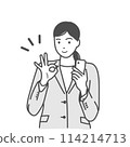 Illustration of a smiling woman in a suit holding a smartphone in one hand and making an OK pose. Monochrome, white background, no background 114214713