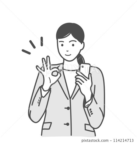 Illustration of a smiling woman in a suit holding a smartphone in one hand and making an OK pose. Monochrome, white background, no background Illustration of a smiling woman in a suit holding a smartphone in one hand and making an OK pose. Monochrome, white background, no background 114214713