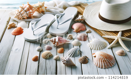 Shells and flip-flops on a white wooden deck 114214819