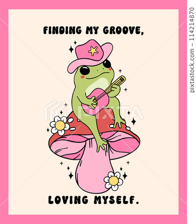 Groovy Cowboy Frog Play guitar Trendy self love Retro Minimal drawing wall art printable 114214870