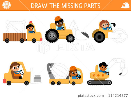 Construction site drawing, writing, tracing activity for kids with special cars and spare parts. What parts of trucks are missing. Building works preschool printable activity. Repair service game, Construction site drawing, writing, tracing activity for kids with special cars and spare parts. What parts of trucks are missing. Building works preschool printable activity. Repair service game, 114214877