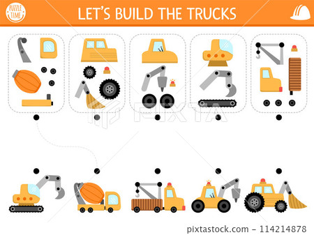 Construction site matching and logical activity with special technics and its components. Assemble the truck from its spare parts puzzle. Match the parts and whole object game, printable worksheet Construction site matching and logical activity with special technics and its components. Assemble the truck from its spare parts puzzle. Match the parts and whole object game, printable worksheet 114214878