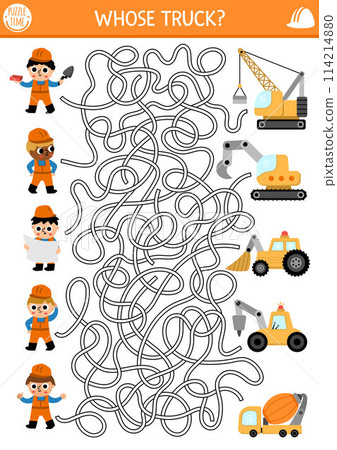 Construction site maze for kids with workers and their trucks. Building works preschool printable activity, labyrinth game, puzzle with excavator, tractor, concrete mixer, bulldozer and builders Construction site maze for kids with workers and their trucks. Building works preschool printable activity, labyrinth game, puzzle with excavator, tractor, concrete mixer, bulldozer and builders 114214880