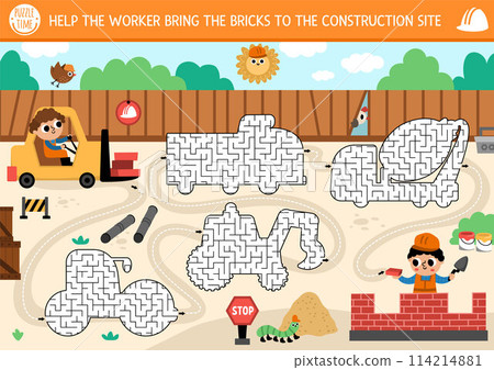 Construction site geometrical mazes for kids with industrial landscape, builders, labyrinths shaped as trucks. Building works preschool printable activity. Repair service game, puzzle with special Construction site geometrical mazes for kids with industrial landscape, builders, labyrinths shaped as trucks. Building works preschool printable activity. Repair service game, puzzle with special 114214881