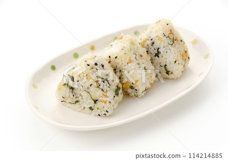 Rice ball with fried tempura bits and perilla leaves Rice ball with fried tempura bits and perilla leaves 114214885
