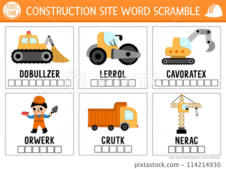 Vector construction site word scramble activity page. English language game cards with cars, trucks for kids. Special transport family quiz with industrial vehicles. Educational printable worksheet 114214930
