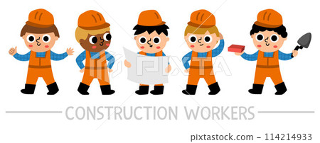 Vector construction site workers set. Road work, building contractors icons. Cute repair service engineers in uniform, hard hats. Builders illustration for kids Vector construction site workers set. Road work, building contractors icons. Cute repair service engineers in uniform, hard hats. Builders illustration for kids 114214933