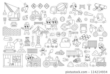 Black and white vector construction site and road work set. Building line icons collection with funny kid builders, transport, bulldozer, tractor, truck, crane. Cute repair service coloring page 114214934