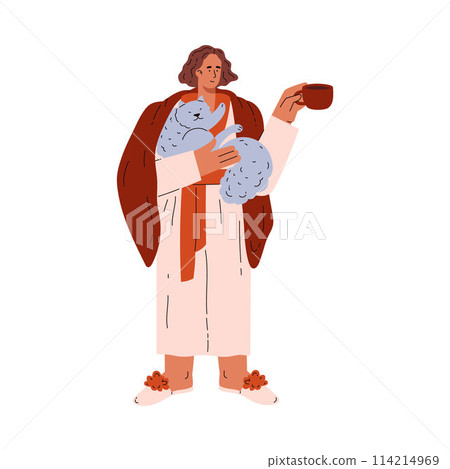 Home comfort vector scene with woman, cat and mug. 114214969