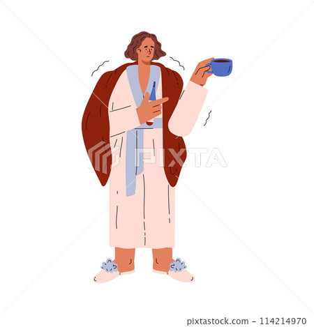 Vector of woman in blankets with tea and thermometer. Isolated background. Vector of woman in blankets with tea and thermometer. Isolated background. 114214970