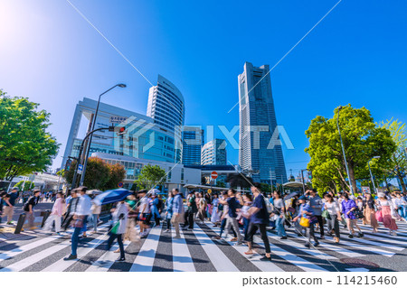 Yokohama cityscape in Japan: Many people at Nippon Maru intersection in front of Sakuragicho Station on May 4th (Golden Week) 114215460