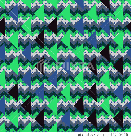 A vibrant textile design featuring a seamless pattern of green and azure triangles on a grass green background. A vibrant textile design featuring a seamless pattern of green and azure triangles on a grass green background. 114215646