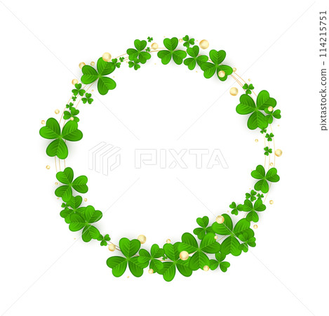 Realistic shamrock wreath. Round Clover frame. Green leaves floral garland. Trefoil border. 114215751