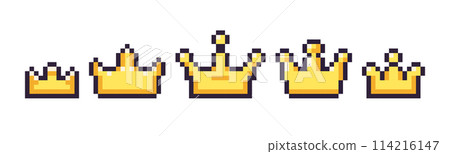 Pixel art 8 bit crown isolated vector set. Cartoon style illustration of golden crown pixel icons. Isolated on white Pixel art 8 bit crown isolated vector set. Cartoon style illustration of golden crown pixel icons. Isolated on white 114216147
