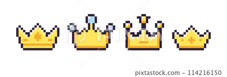 Pixel art 8 bit crown isolated vector set. Cartoon style illustration of golden crown pixel icons. Isolated on white 114216150