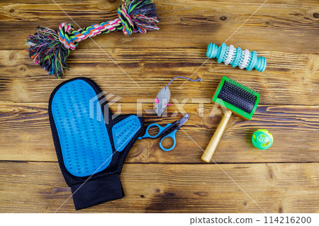 Toys and accessories for pets on wooden background. Top view. Pet care concept Toys and accessories for pets on wooden background. Top view. Pet care concept 114216200