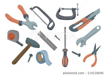 Set of hand drawn repairing tools in flat style for prolongation of things lifetime. Vector clipart of items for maintain of home isolated on white background. Sustainability and upgrade concept Set of hand drawn repairing tools in flat style for prolongation of things lifetime. Vector clipart of items for maintain of home isolated on white background. Sustainability and upgrade concept 114216646