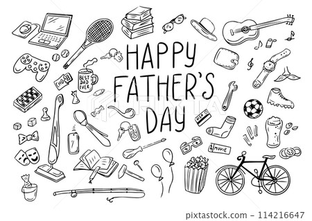 Happy Fathers day doodle outline set. Monochrome black contour isolated elements on white background. Holiday party concept. Good for coloring pages, stickers Happy Fathers day doodle outline set. Monochrome black contour isolated elements on white background. Holiday party concept. Good for coloring pages, stickers 114216647