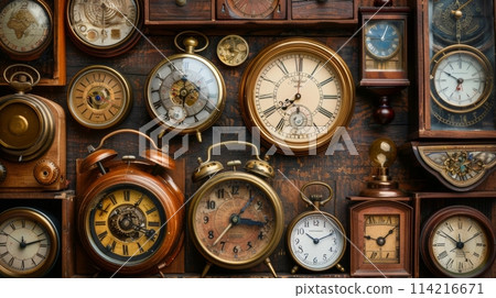 Collection of antique clocks symbolizing the concept of time and time management 114216671