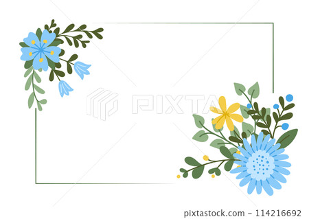 Horizontal floral greeting card in flat simple style. Template for wedding, anniversary and birthday digital card or banner. Modern abstract hand drawn flowers isolated on white background. Horizontal floral greeting card in flat simple style. Template for wedding, anniversary and birthday digital card or banner. Modern abstract hand drawn flowers isolated on white background. 114216692