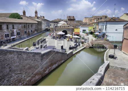 View over the Trepponti Bridge, iconic landmark in Comacchio, Italy View over the Trepponti Bridge, iconic landmark in Comacchio, Italy 114216715