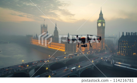 Drone autonomously delivering a package over london's foggy cityscape at dawn 114216781