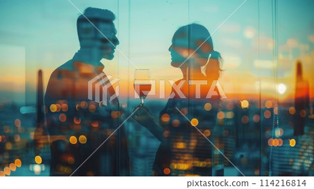 Professionals savoring cocktails against a dazzling city skyline during sunset 114216814
