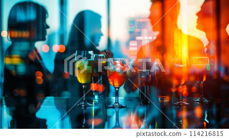 Businesspeople socializing with drinks against a colorful city skyline at sunset 114216815