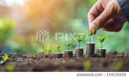 Hand nurturing young plants sprouting from stacked coins, symbolizing investment growth 114216838