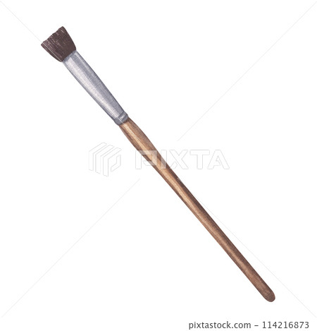 Flat paintbrush artist's tool for coloring. Art accessories. School supplies. Wooden handle and synthetic or squirrel bristles. Hand drawn watercolor illustration isolated background 114216873