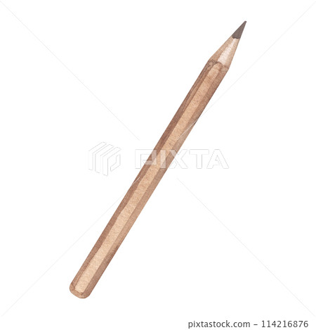 Simple black-graphite pencil for drawing, painting, and writing. Art accessories. School supplies. Wooden beige handle. Hand drawn watercolor illustration isolated background. For greeting card poster 114216876