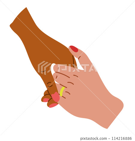 Holding each other two hands of married couple. Care, love, partnership, marriage concept. Vector flat hand drawn composition isolated on white background 114216886