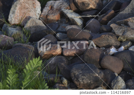 Colorful stones on the riverbank. Round stones on the beach. Colorful stones on the riverbank. Round stones on the beach. 114216897