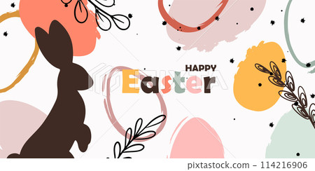 Happy Easter banner. Greeting card, poster, holiday cover. Trendy Easter design eggs and bunny in pastel colors. Modern minimal style. Vector illustration EPS10 Happy Easter banner. Greeting card, poster, holiday cover. Trendy Easter design eggs and bunny in pastel colors. Modern minimal style. Vector illustration EPS10 114216906